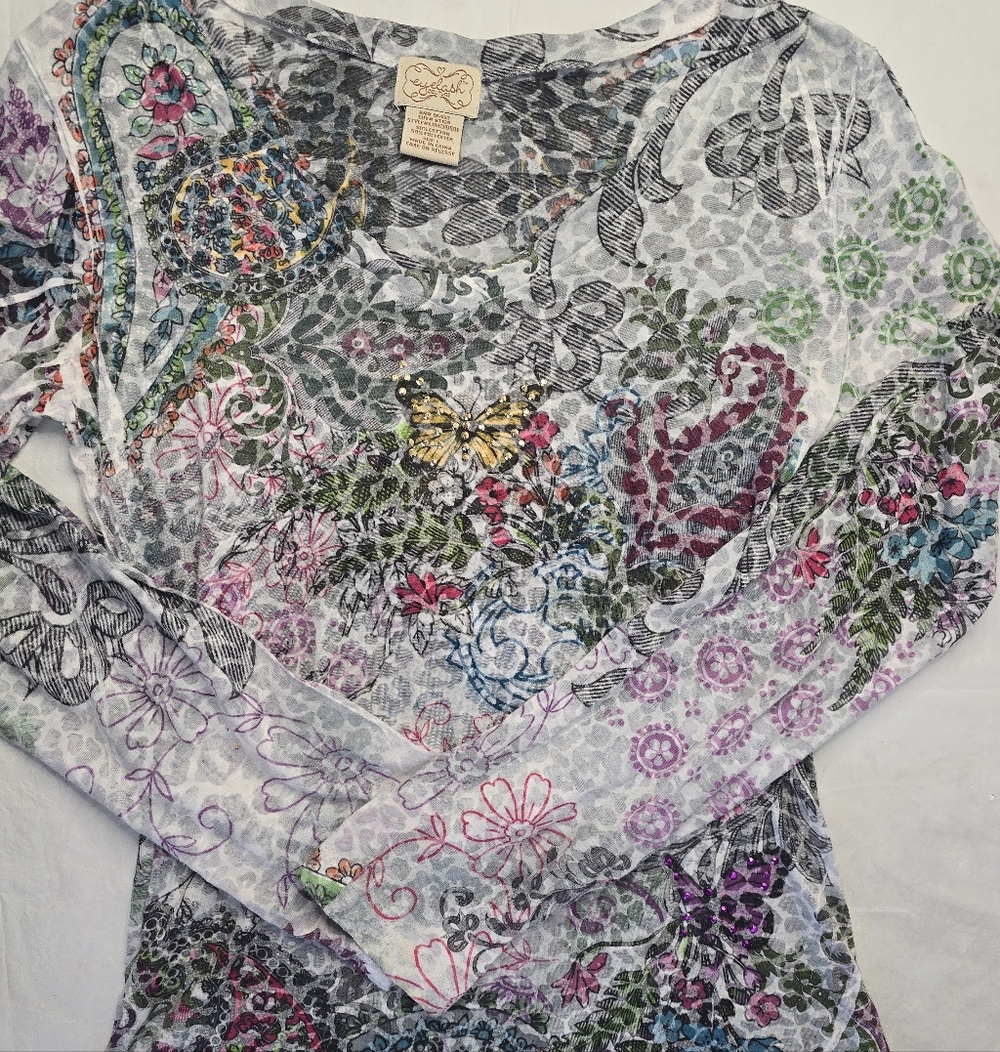 Eyelash Couture Y2K Butterfly Rhinestone Graphic Top Boho Floral Paisley L